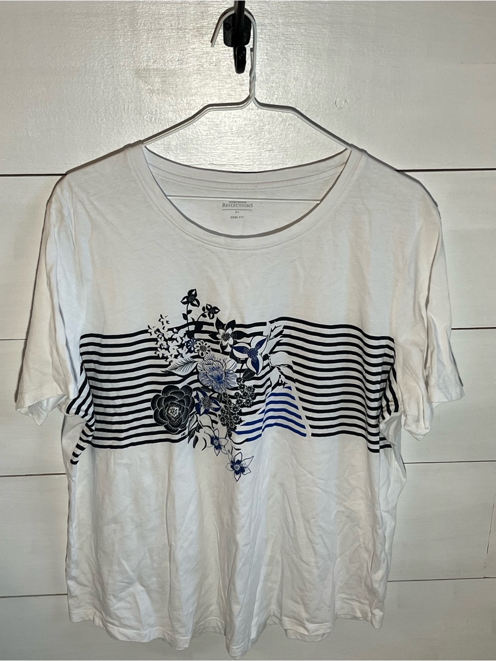 Northern Reflections White Floral Stripe Crewneck Tee
